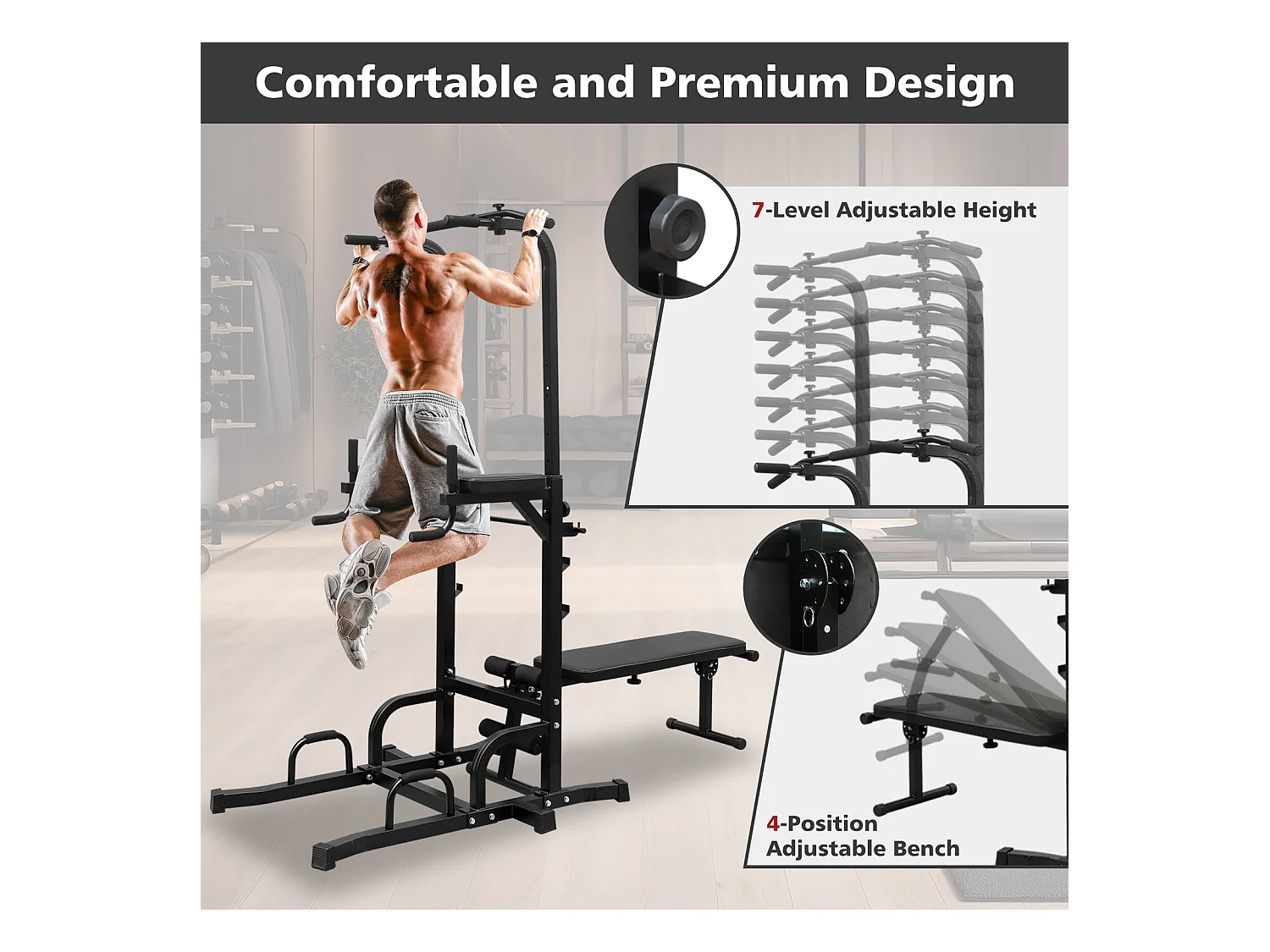 Station de fitness multifonction avec banc, barre de traction et barres parallèles, hauteur réglable, acier, noir (224.8x97x207cm)