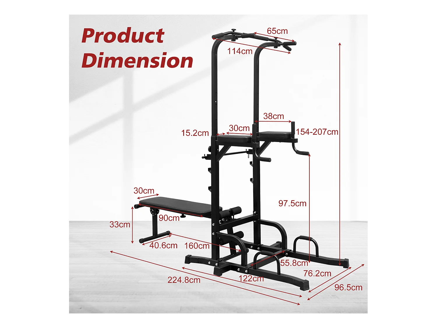 Station de fitness multifonction avec banc, barre de traction et barres parallèles, hauteur réglable, acier, noir (224.8x97x207cm)