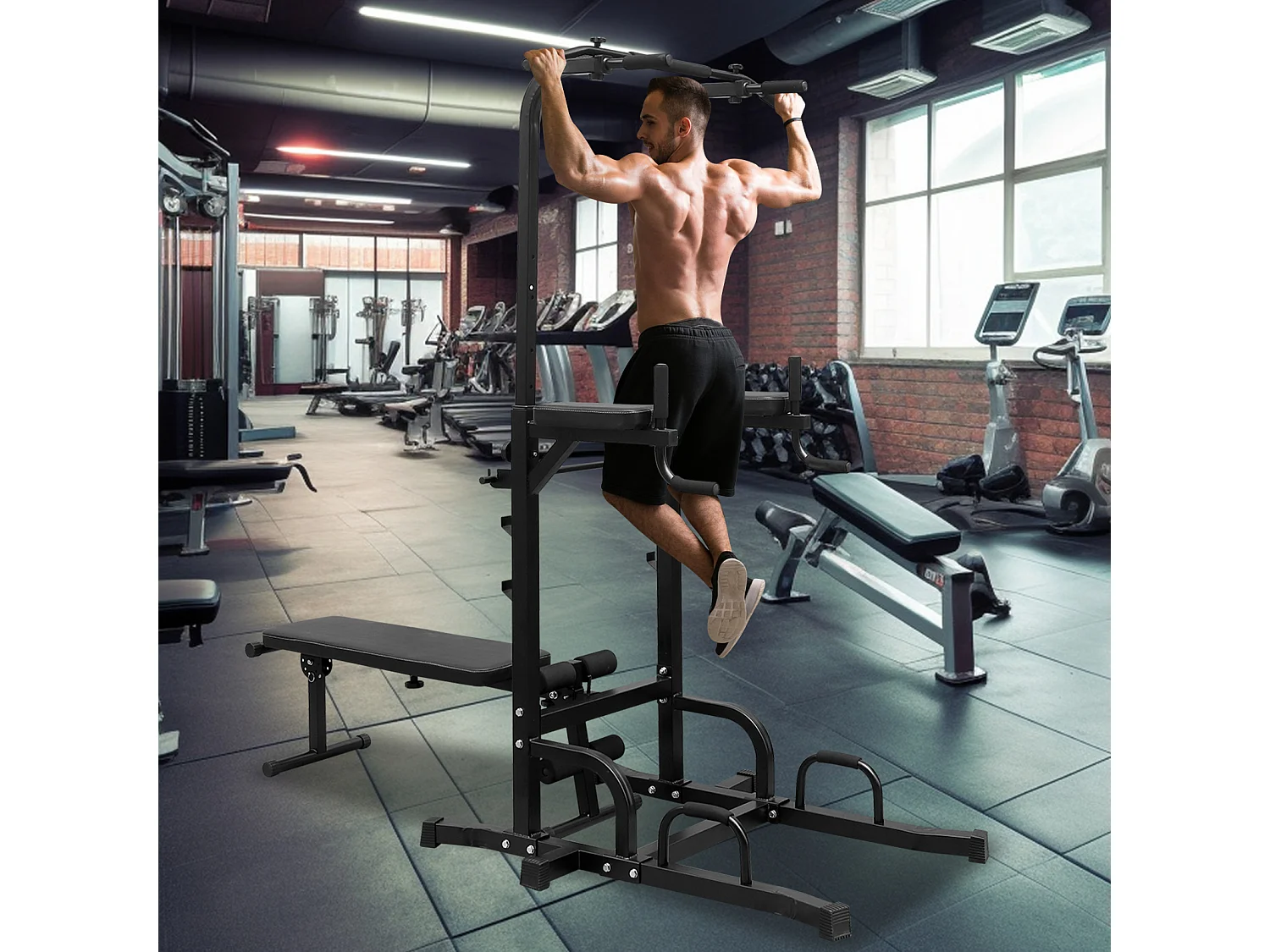 Station de fitness multifonction avec banc, barre de traction et barres parallèles, hauteur réglable, acier, noir (224.8x97x207cm)