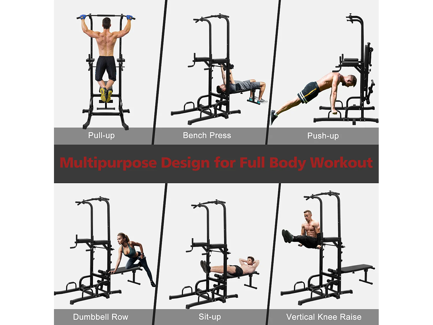 Station de fitness multifonction avec banc, barre de traction et barres parallèles, hauteur réglable, acier, noir (224.8x97x207cm)