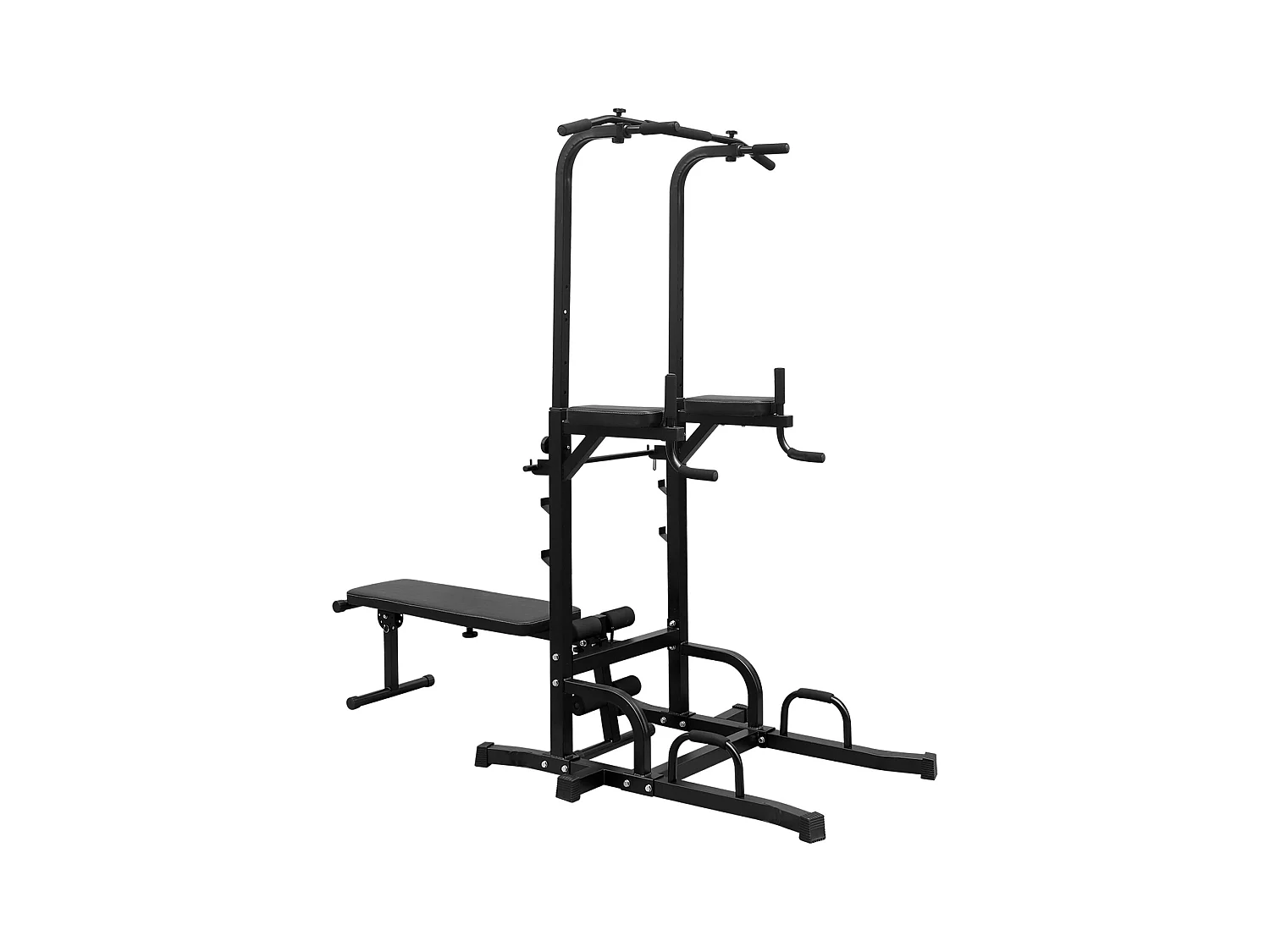 Estación de fitness multifuncional con banco, barra de dominadas y barras paralelas, altura regulable, acero, negro (224,8x97x207cm)