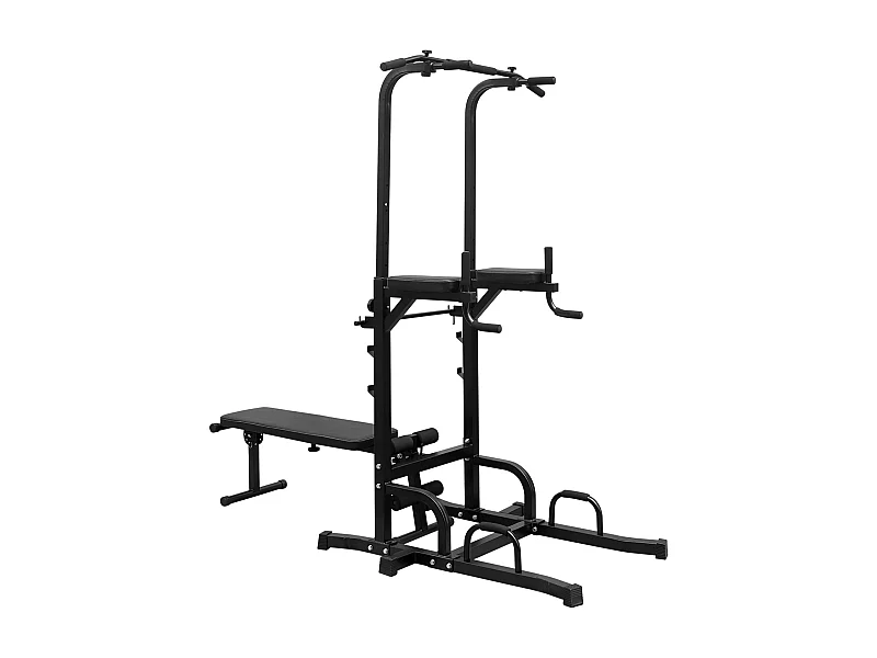Estación de fitness multifuncional con banco, barra de dominadas y barras paralelas, altura regulable, acero, negro (224,8x97x207cm)