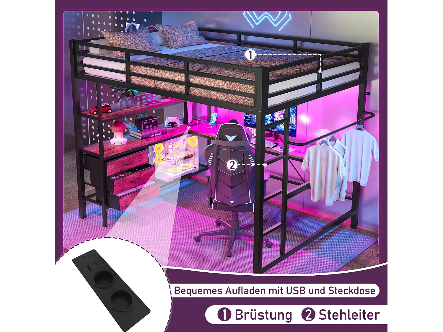 Lit mezzanine avec bureau intégré, éclairage LED, prises USB, 3 tiroirs et étagères, métal et MDF, noir (215.2x148.2x180.6cm)