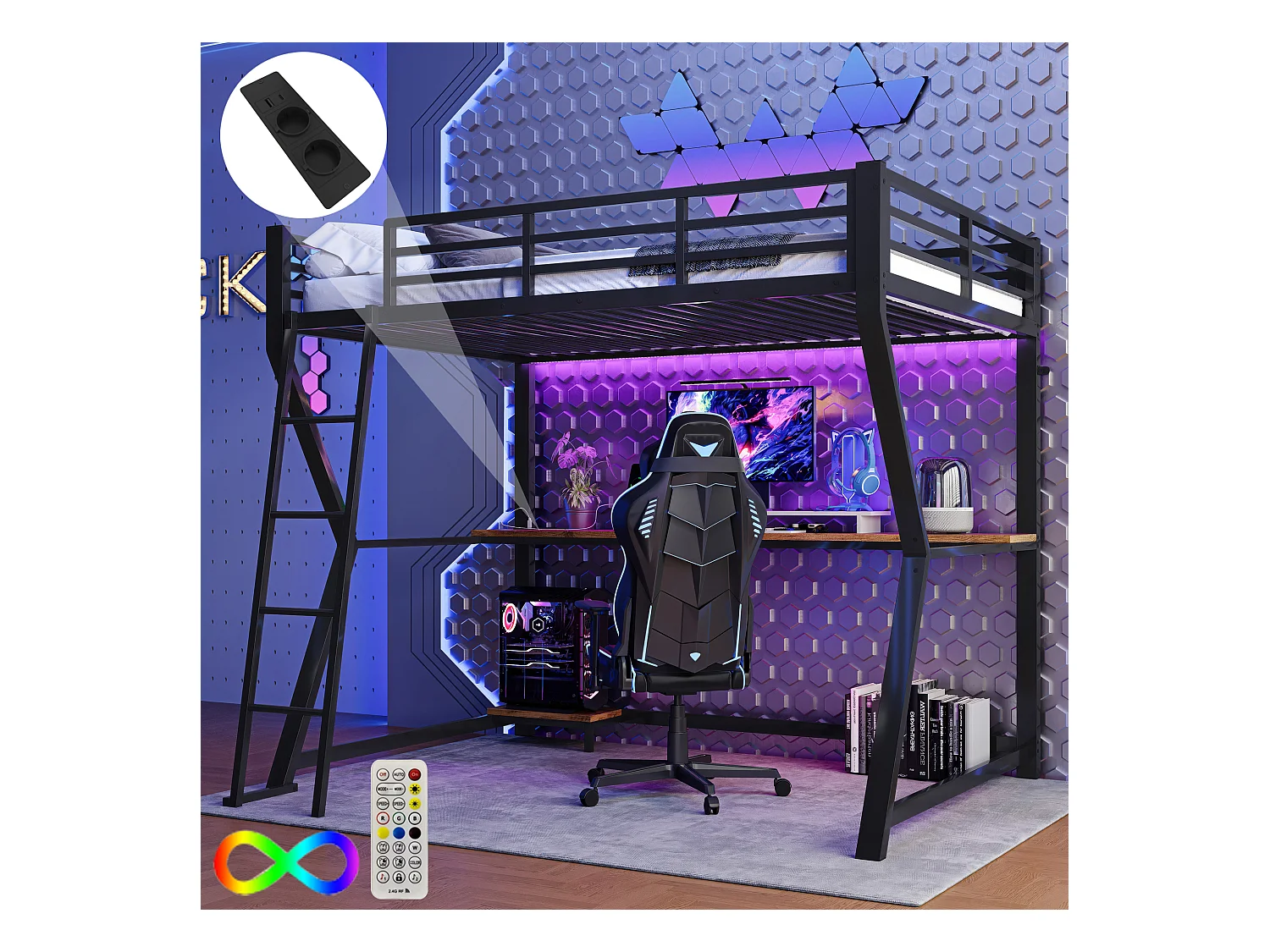 Lit mezzanine LED, tablette PC, bureau, prises+USB, garde-corps, échelle, métal/MDF noir (90x200x177.5cm)