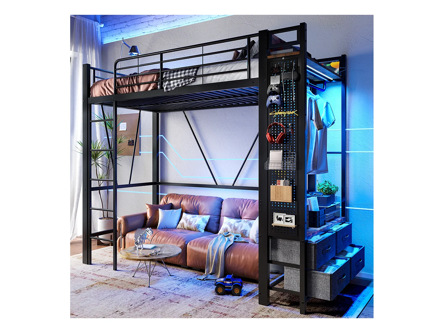 Lit mezzanine avec rangement, cadre en métal, noir, avec 4 tiroirs, USB+TYPE-C, LED (90x200x180cm)