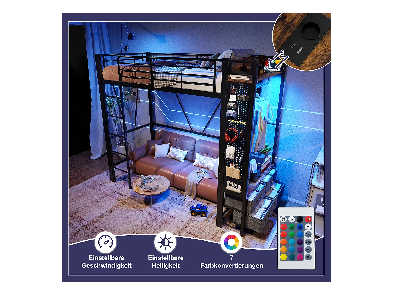 Lit mezzanine avec rangement, cadre en métal, noir, avec 4 tiroirs, USB+TYPE-C, LED (90x200x180cm)