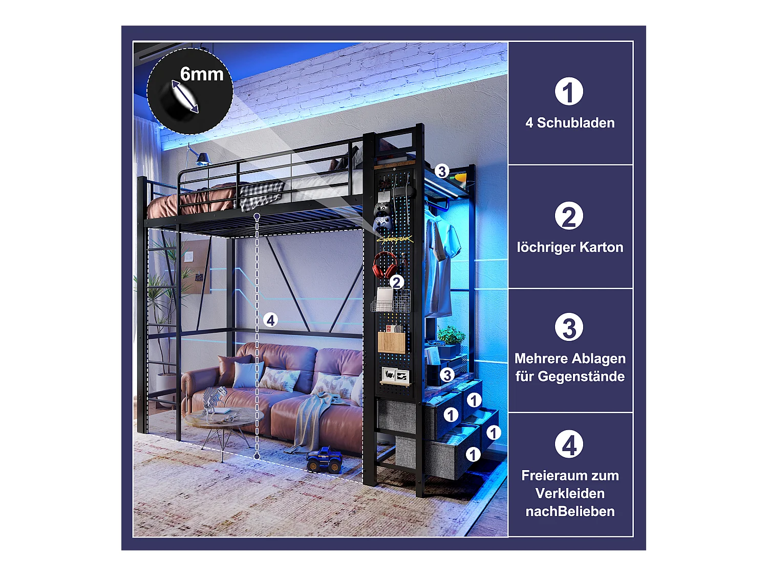 Lit mezzanine avec rangement, cadre en métal, noir, avec 4 tiroirs, USB+TYPE-C, LED (90x200x180cm)