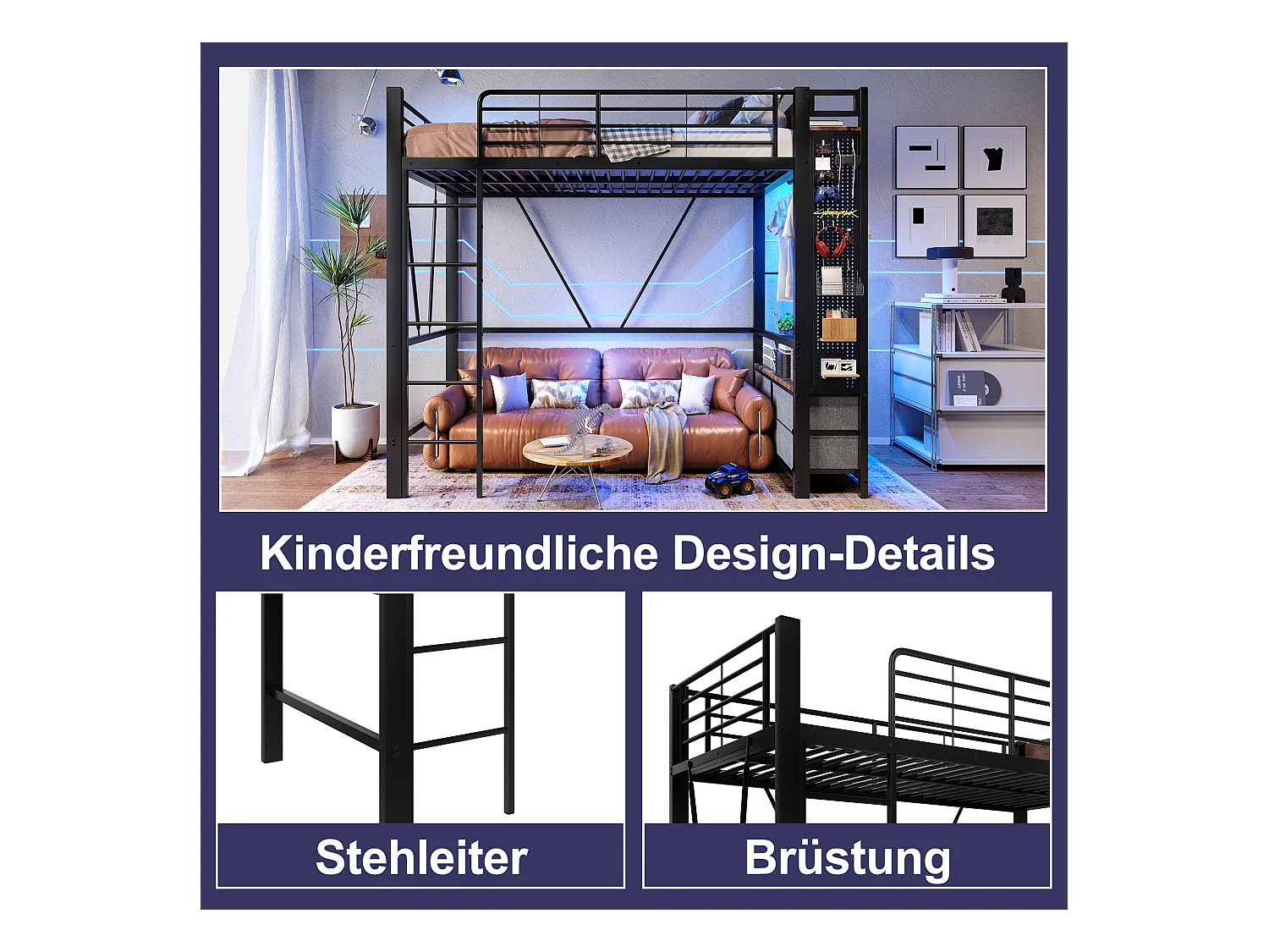 Lit mezzanine avec rangement, cadre en métal, noir, avec 4 tiroirs, USB+TYPE-C, LED (90x200x180cm)