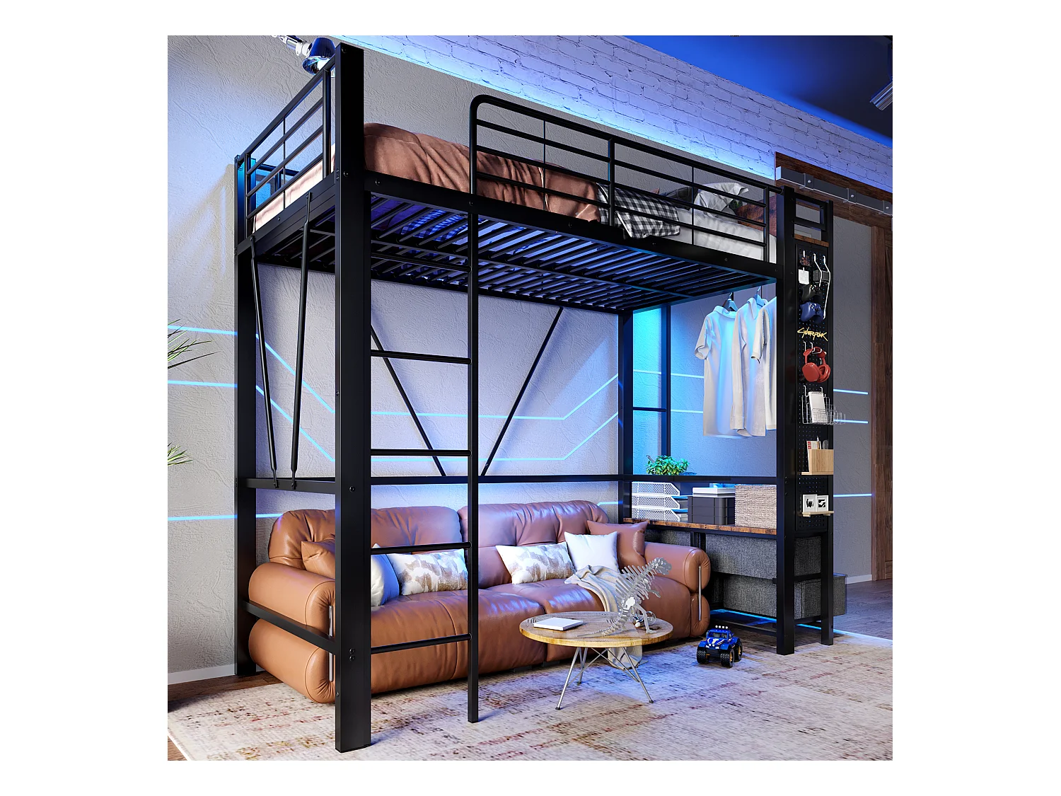 Lit mezzanine avec rangement, cadre en métal, noir, avec 4 tiroirs, USB+TYPE-C, LED (90x200x180cm)