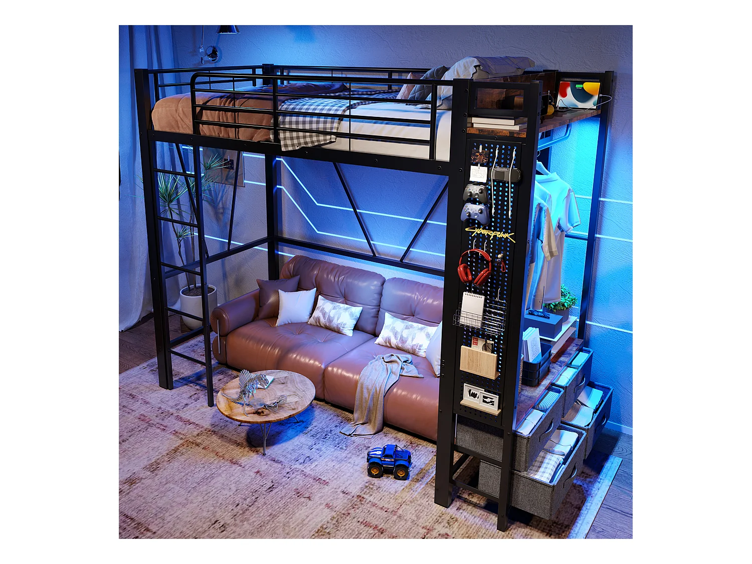 Lit mezzanine avec rangement, cadre en métal, noir, avec 4 tiroirs, USB+TYPE-C, LED (90x200x180cm)