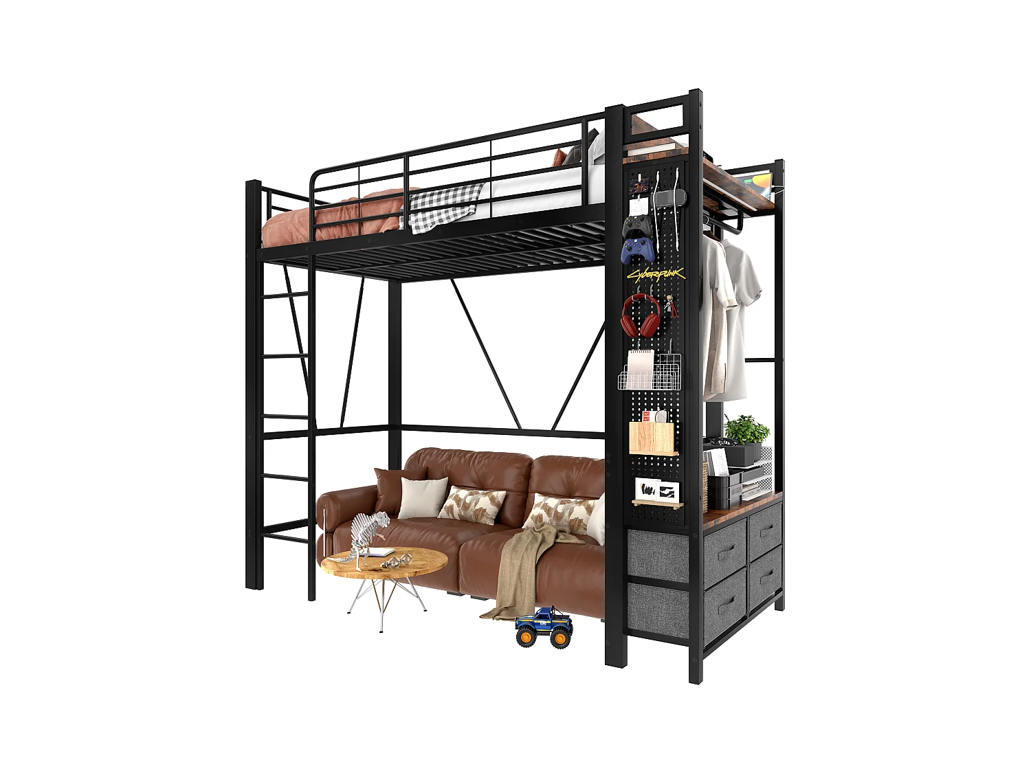 Lit mezzanine avec rangement, cadre en métal, noir, avec 4 tiroirs, USB+TYPE-C, LED (90x200x180cm)