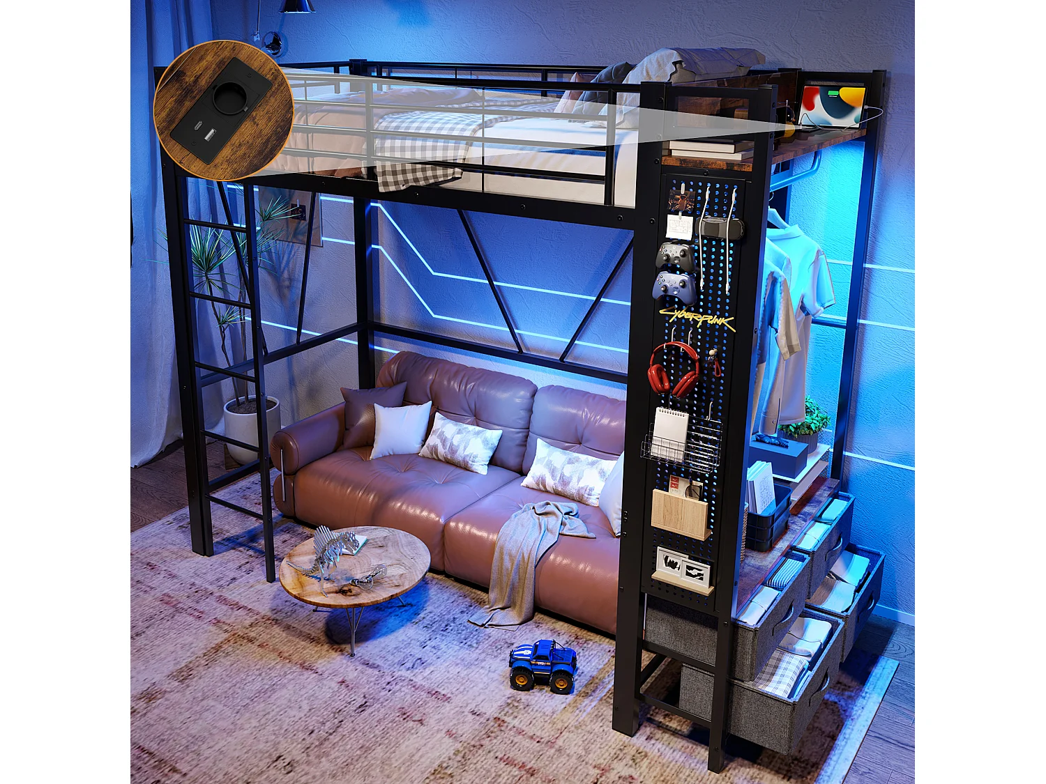 Letto a soppalco con contenitore, struttura in metallo, nero, con 4 cassetti, USB+TYPE-C, LED (90x200x180cm)