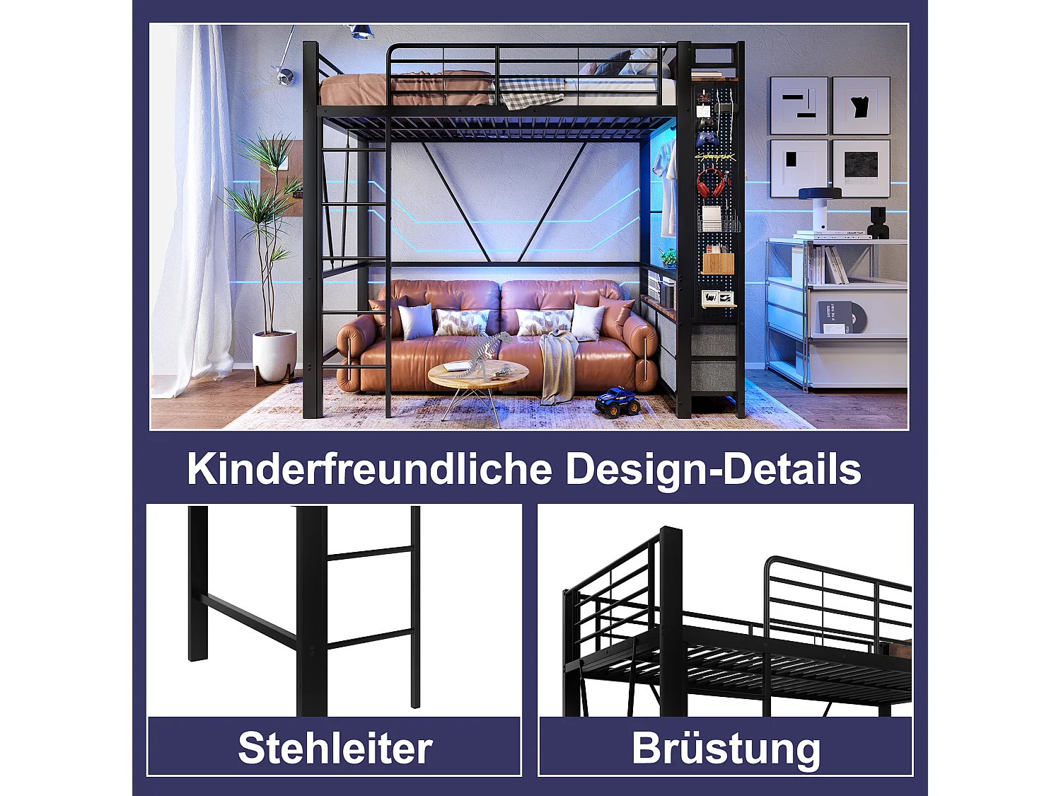 Letto a soppalco con contenitore, struttura in metallo, nero, con 4 cassetti, USB+TYPE-C, LED (90x200x180cm)