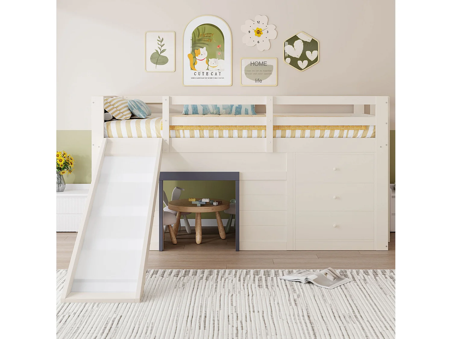 Laag hoogslaper 90x200 cm met glijbaan, 3 lades en 2 deuren, MDF en grenen, crème (213x95x107 cm)