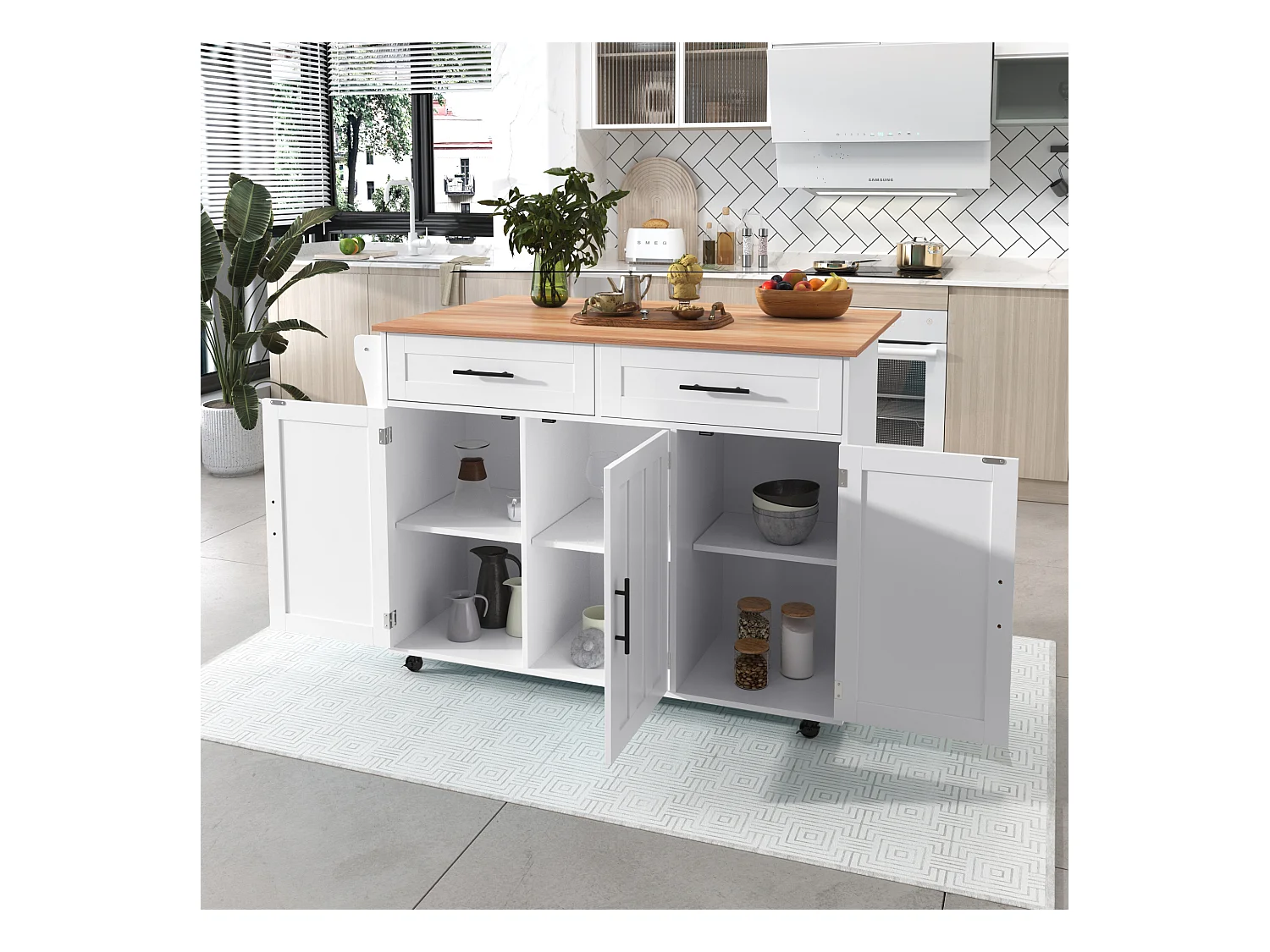 Table à manger extensible avec chariot de cuisine intégré, MDF, blanc et naturel, 5 roues et 2 tiroirs (129x71x91.5cm)