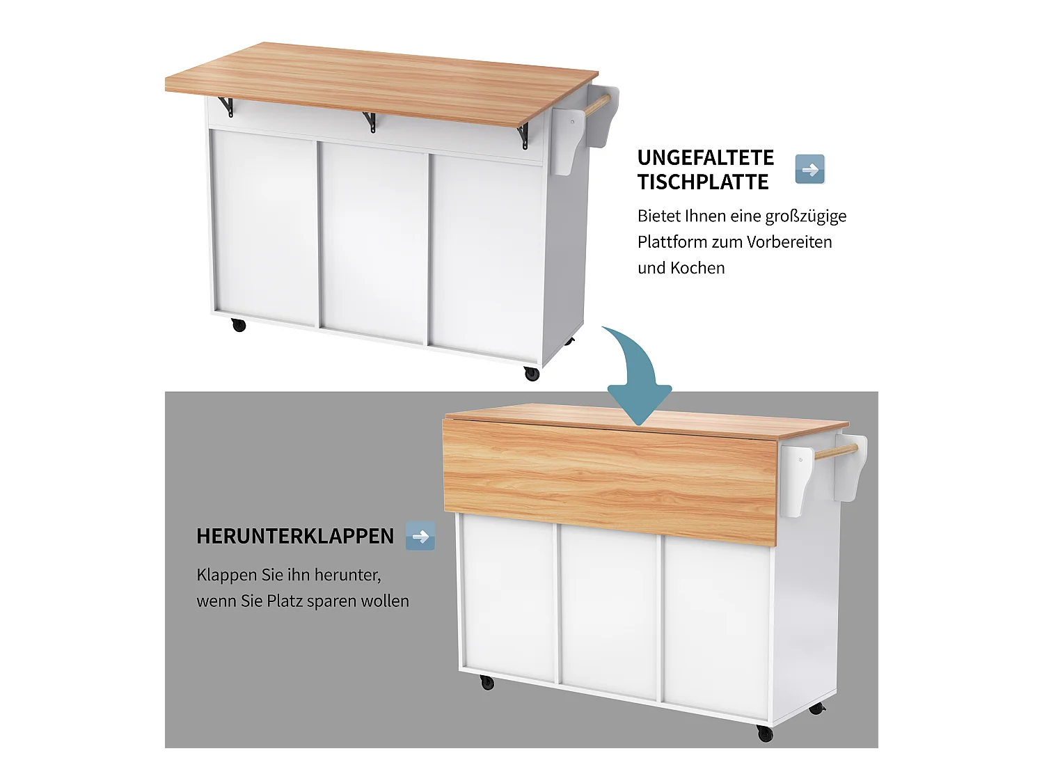 Table à manger extensible avec chariot de cuisine intégré, MDF, blanc et naturel, 5 roues et 2 tiroirs (129x71x91.5cm)