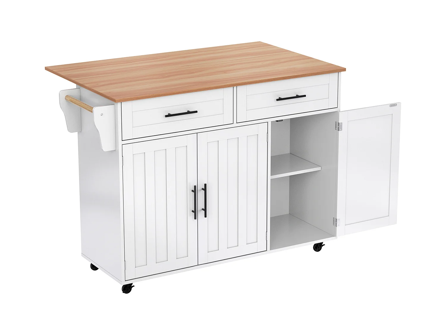 Table à manger extensible avec chariot de cuisine intégré, MDF, blanc et naturel, 5 roues et 2 tiroirs (129x71x91.5cm)