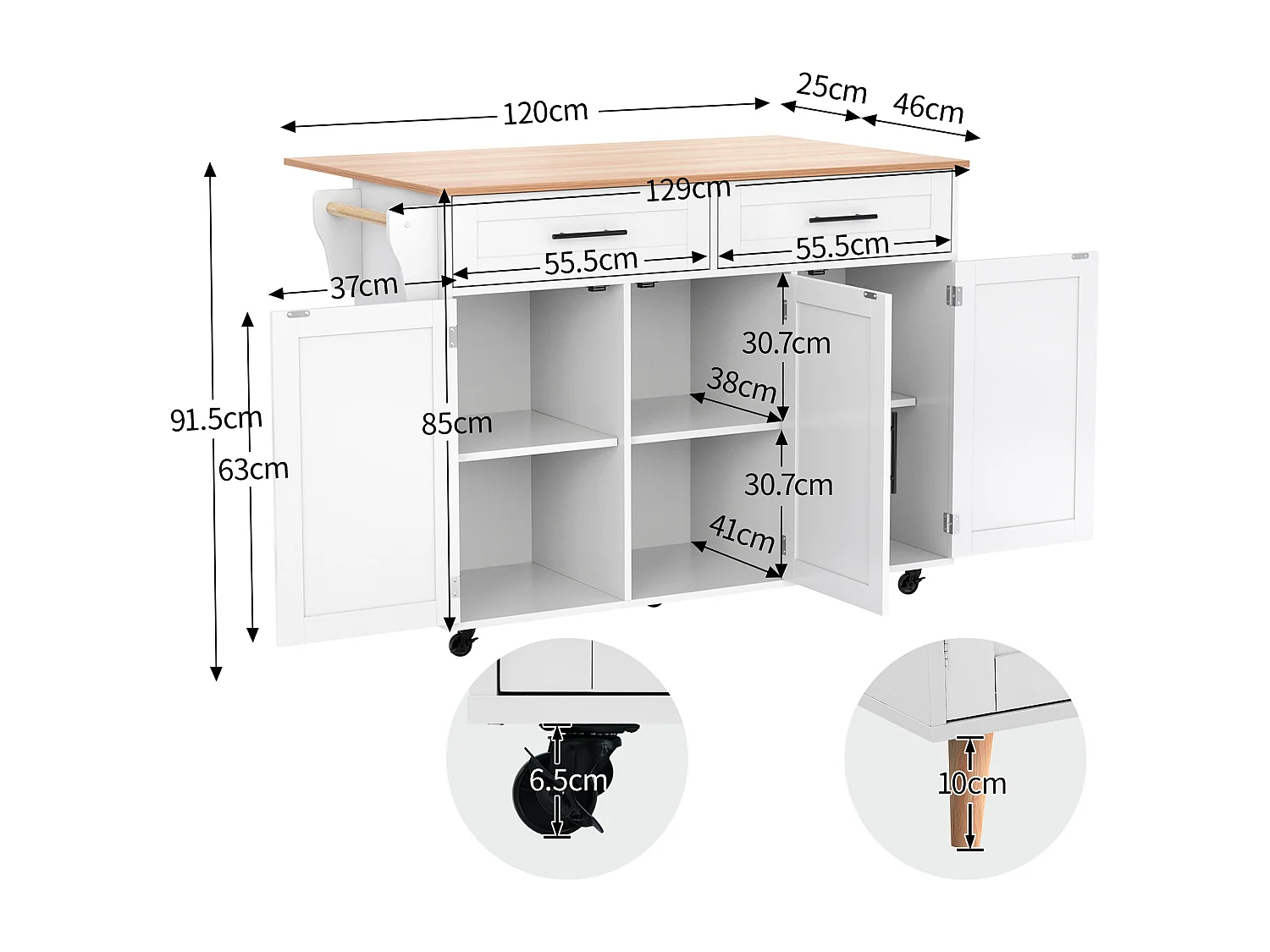 Table à manger extensible avec chariot de cuisine intégré, MDF, blanc et naturel, 5 roues et 2 tiroirs (129x71x91.5cm)