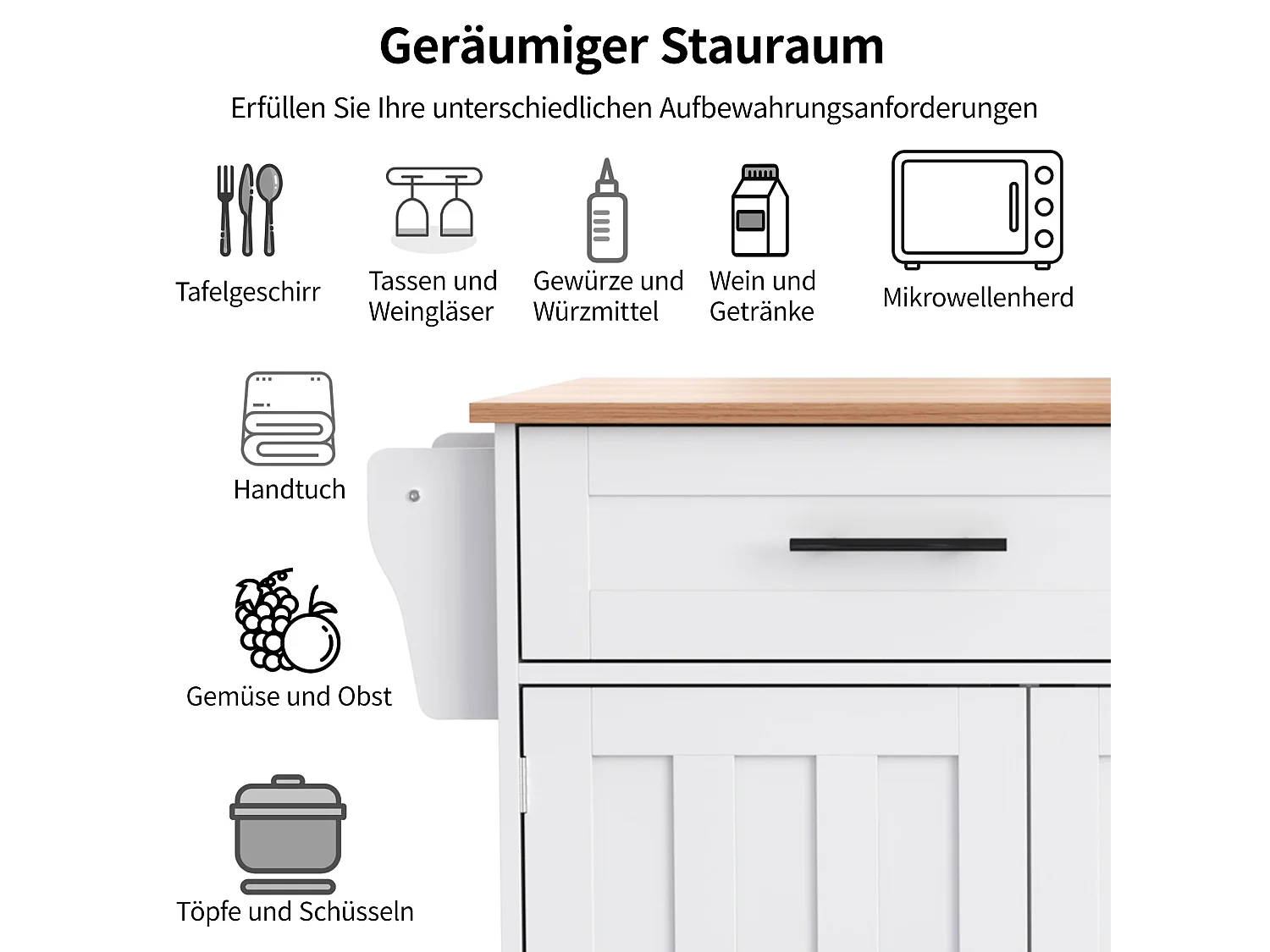 Table à manger extensible avec chariot de cuisine intégré, MDF, blanc et naturel, 5 roues et 2 tiroirs (129x71x91.5cm)