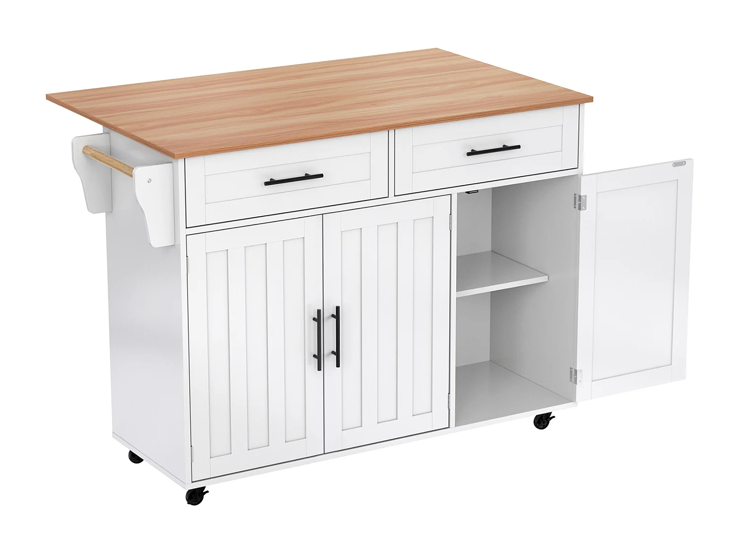 Table à manger extensible avec chariot de cuisine intégré, MDF, blanc et naturel, 5 roues et 2 tiroirs (129x71x91.5cm)