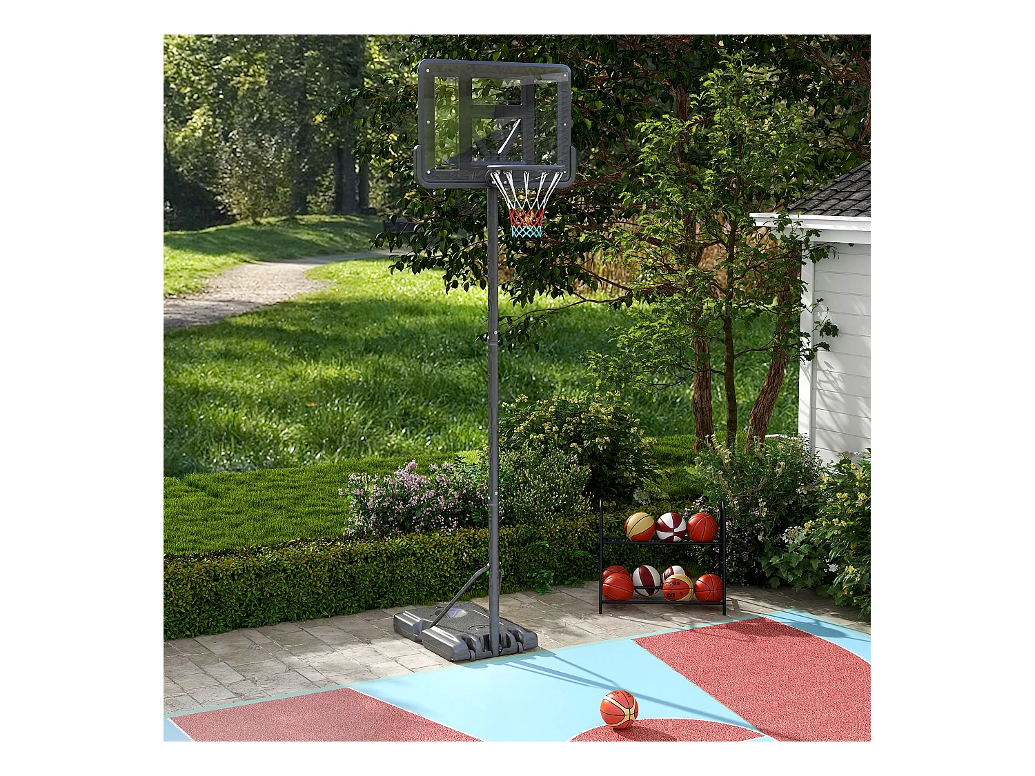 Panier de basket réglable 2-en-1, hauteur 230-305 cm, avec roues et support en acier, noir (90x60x370 cm)