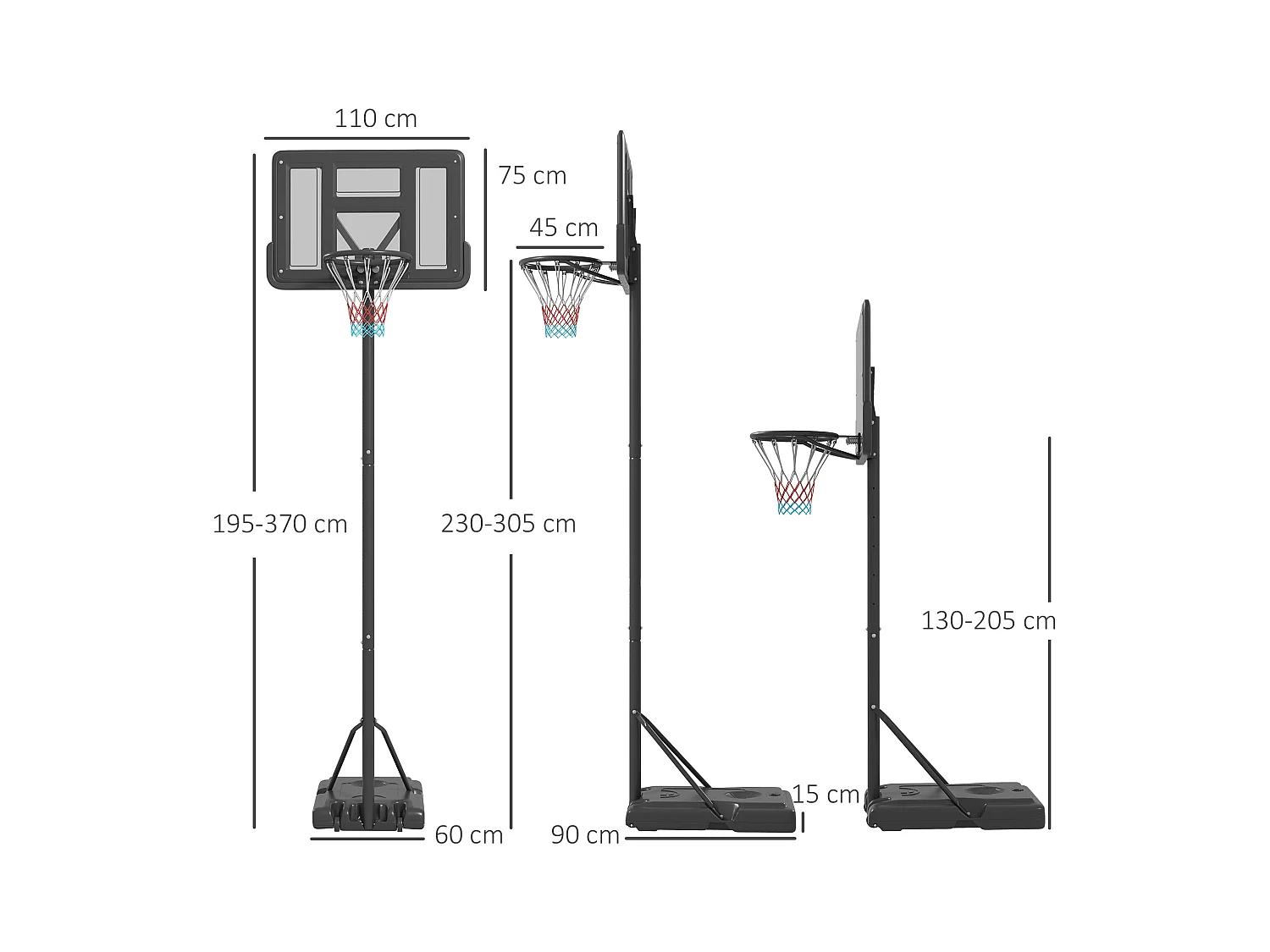 Panier de basket réglable 2-en-1, hauteur 230-305 cm, avec roues et support en acier, noir (90x60x370 cm)
