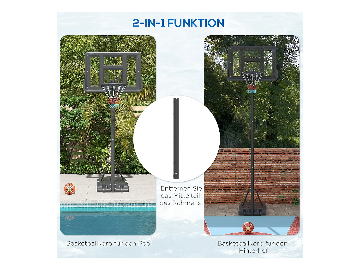 Panier de basket réglable 2-en-1, hauteur 230-305 cm, avec roues et support en acier, noir (90x60x370 cm)