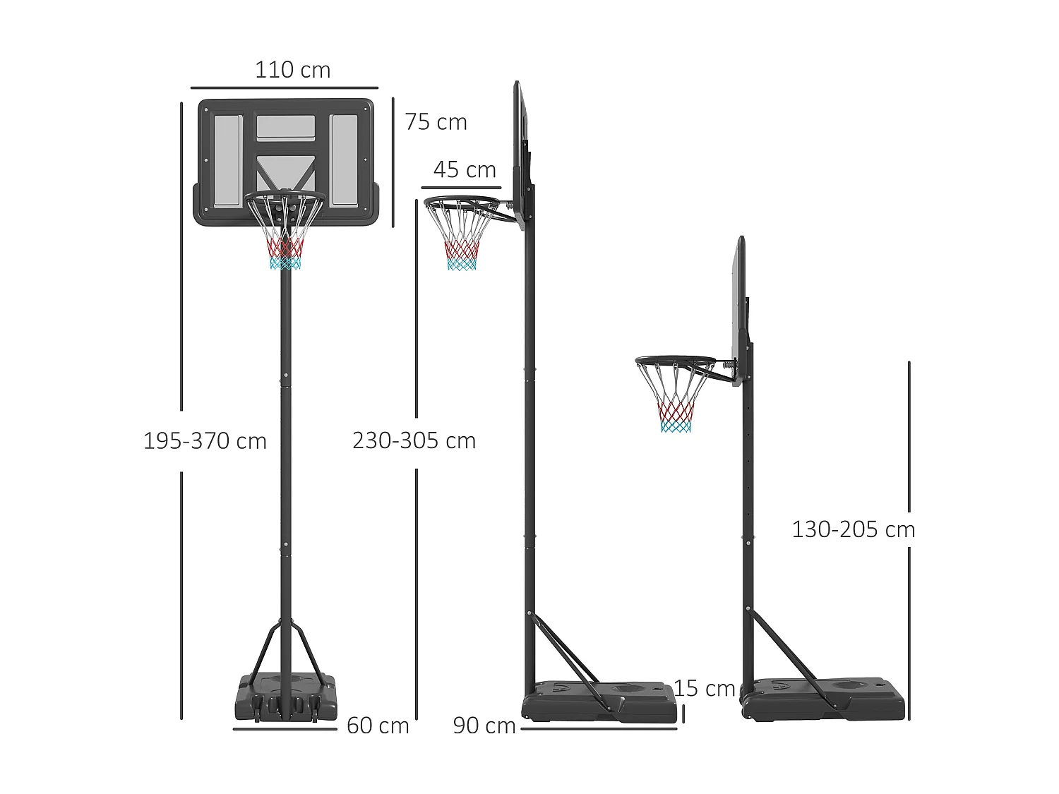 Panier de basket réglable 2-en-1, hauteur 230-305 cm, avec roues et support en acier, noir (90x60x370 cm)