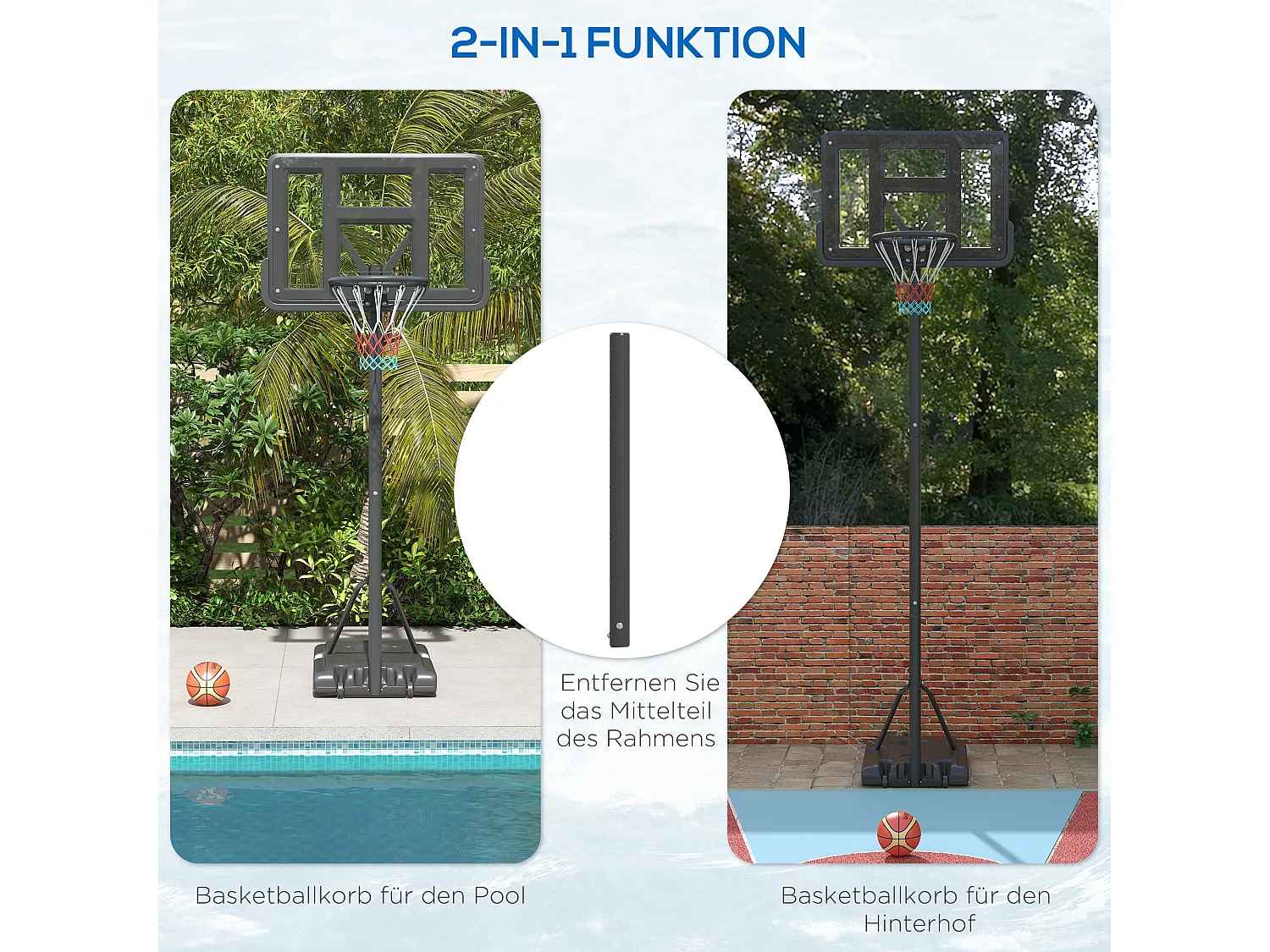 Panier de basket réglable 2-en-1, hauteur 230-305 cm, avec roues et support en acier, noir (90x60x370 cm)