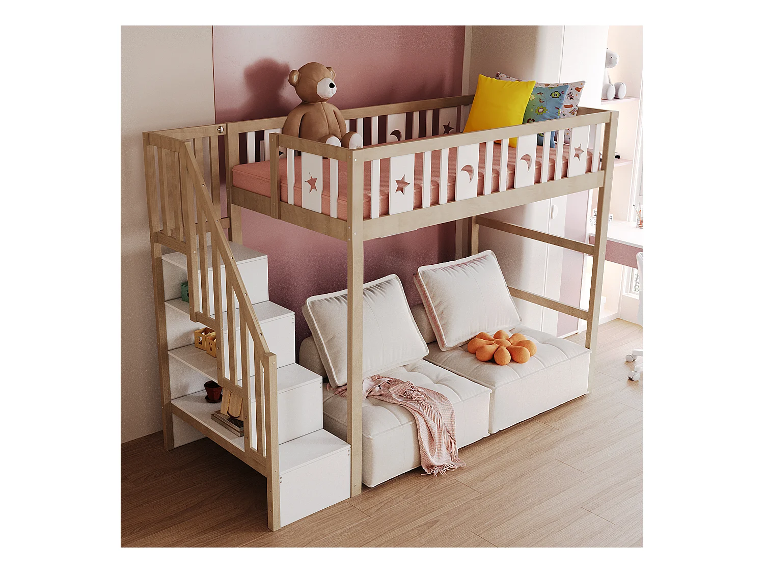 Letto a soppalco per bambini 90x200cm con scala contenitore, legno massello, barriere, decorazione stella/luna, legno/bianco (253x95x171cm)