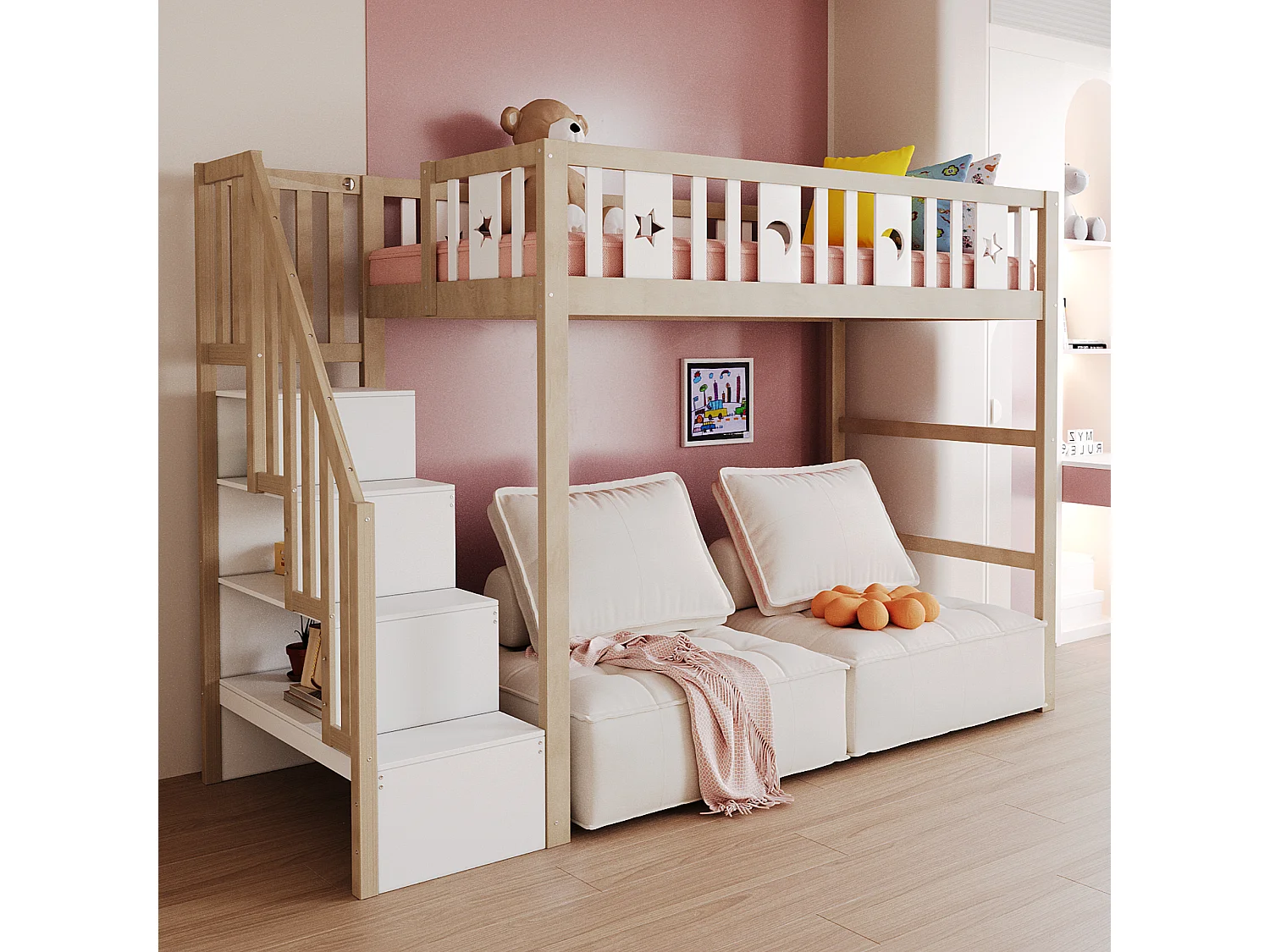 Lit mezzanine enfant 90x200cm avec échelle rangement, bois massif, barrières, déco étoiles/lune, bois/blanc (253x95x171cm)