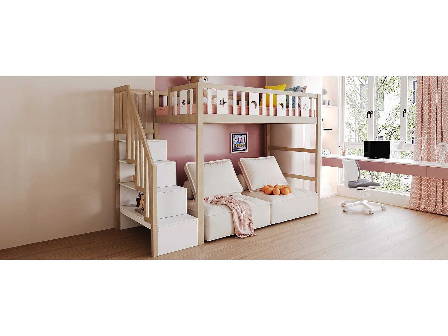 Lit mezzanine enfant 90x200cm avec échelle rangement, bois massif, barrières, déco étoiles/lune, bois/blanc (253x95x171cm)