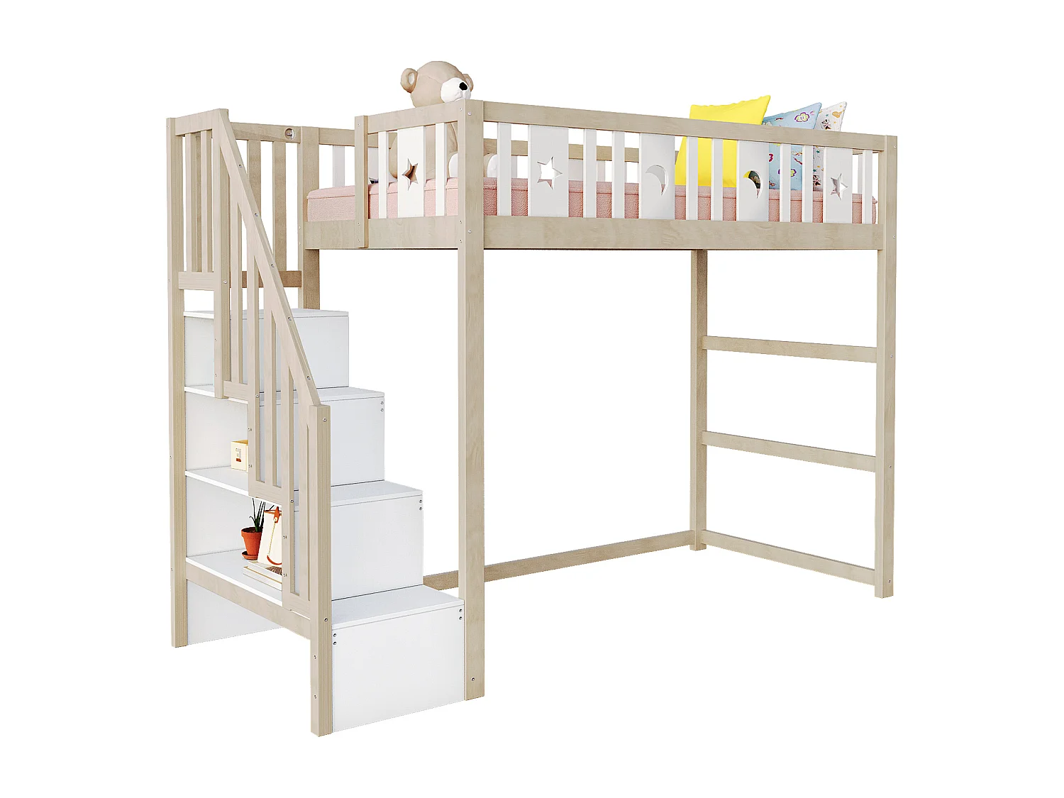 Lit mezzanine enfant 90x200cm avec échelle rangement, bois massif, barrières, déco étoiles/lune, bois/blanc (253x95x171cm)