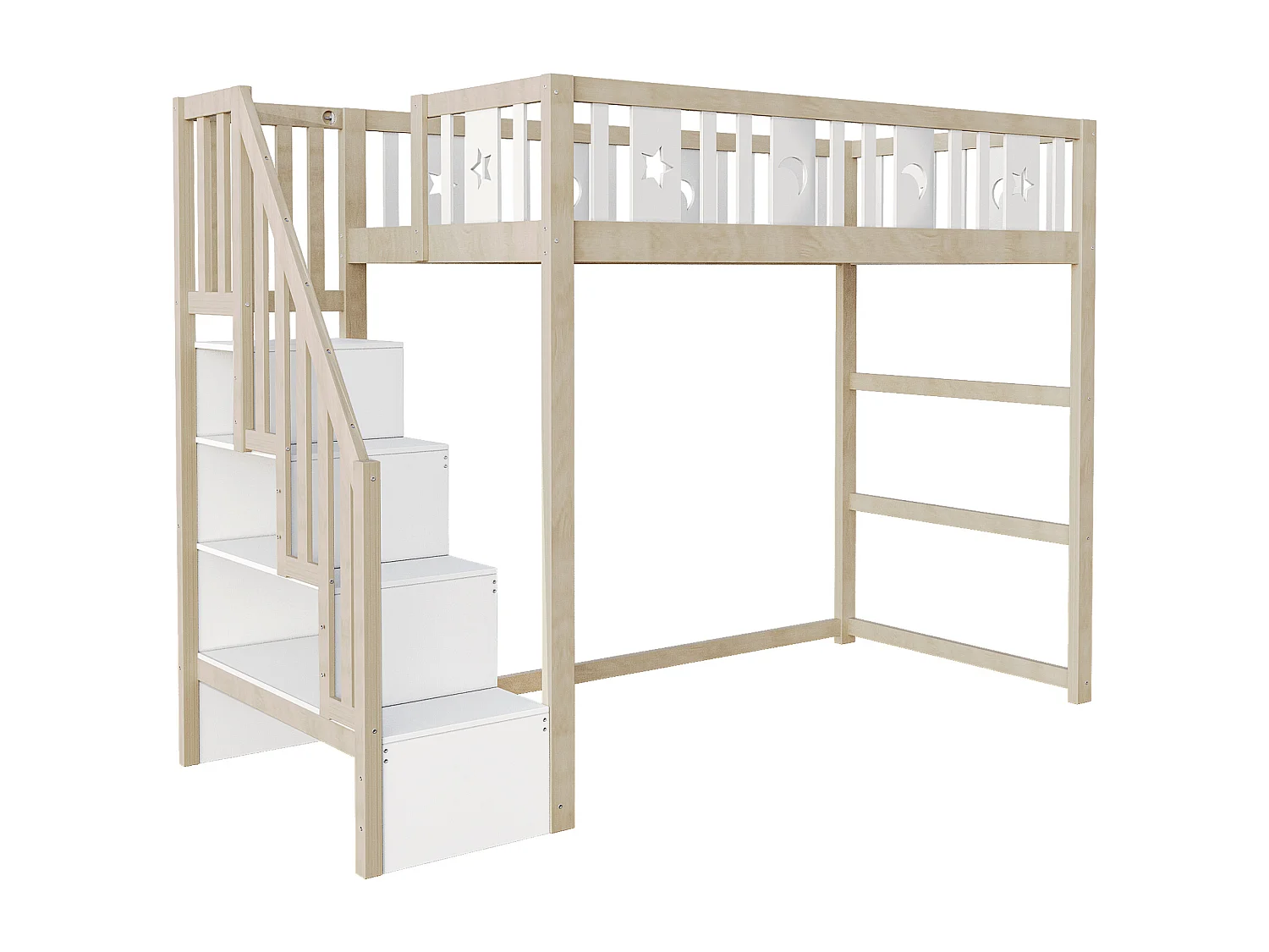 Lit mezzanine enfant 90x200cm avec échelle rangement, bois massif, barrières, déco étoiles/lune, bois/blanc (253x95x171cm)
