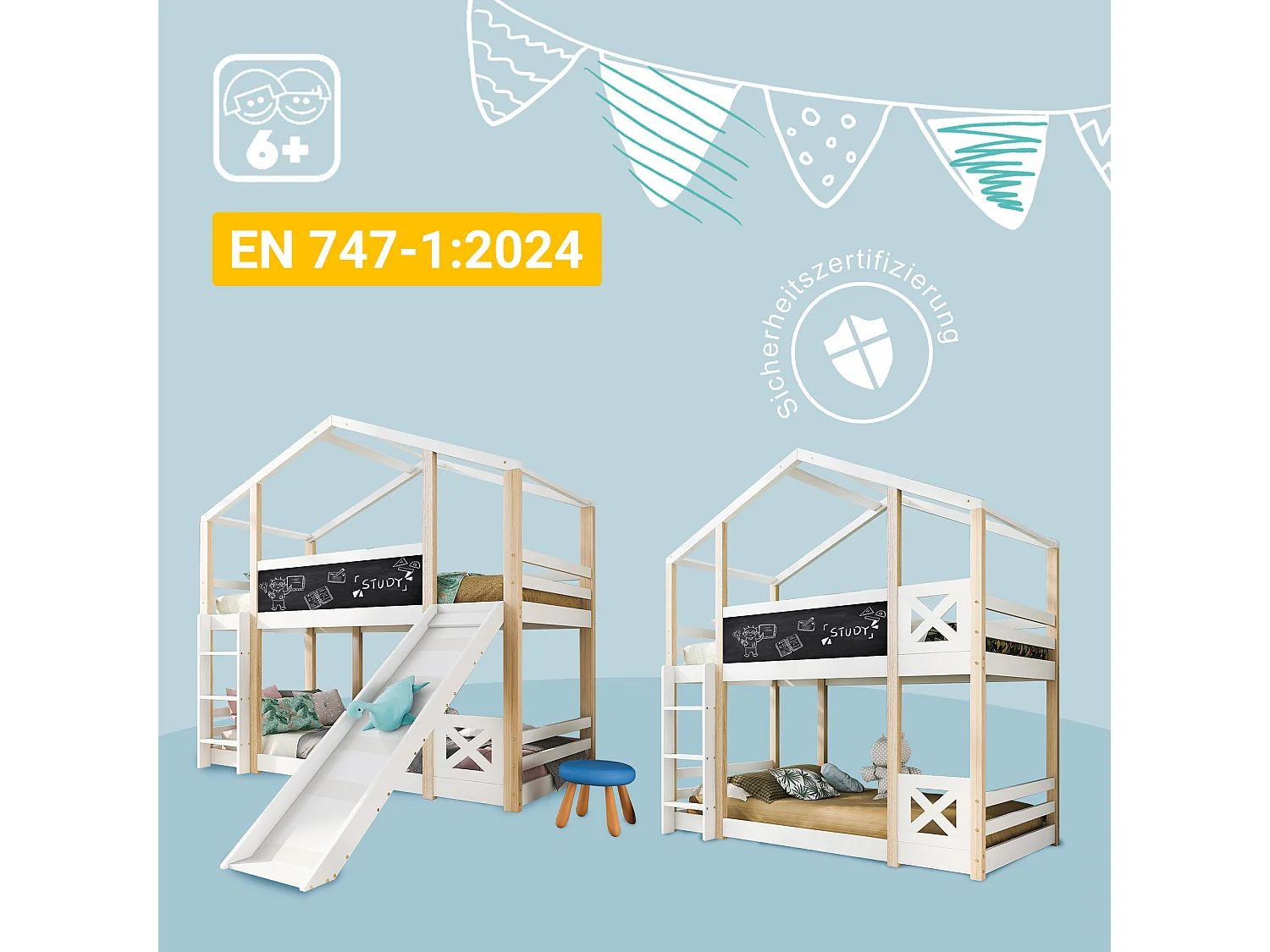 Letto a soppalco in stile country con scivolo e scaletta, in legno massello, bianco e naturale (90x200x205 cm)