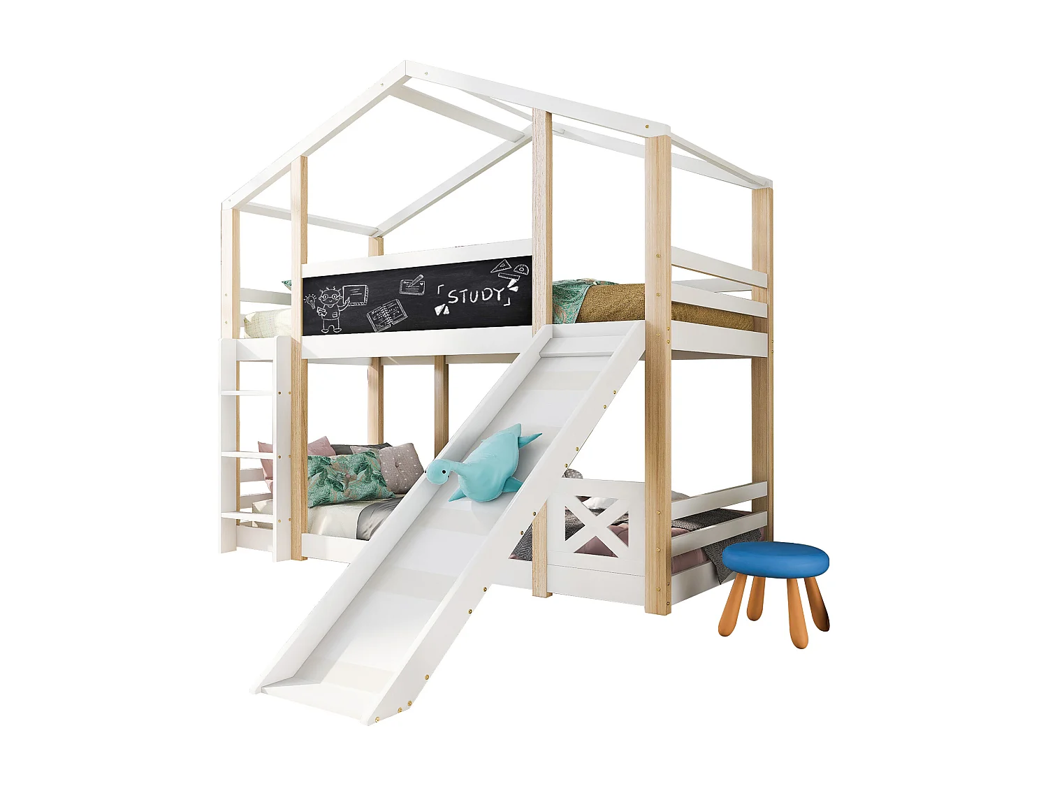 Letto a soppalco in stile country con scivolo e scaletta, in legno massello, bianco e naturale (90x200x205 cm)