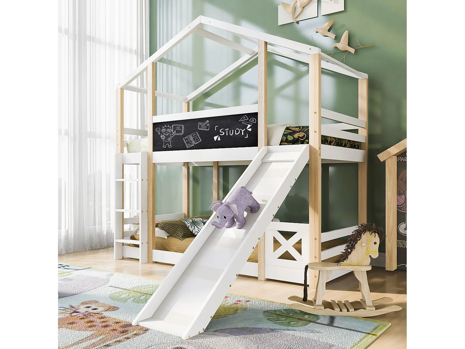 Letto a soppalco in stile country con scivolo e scaletta, in legno massello, bianco e naturale (90x200x205 cm)