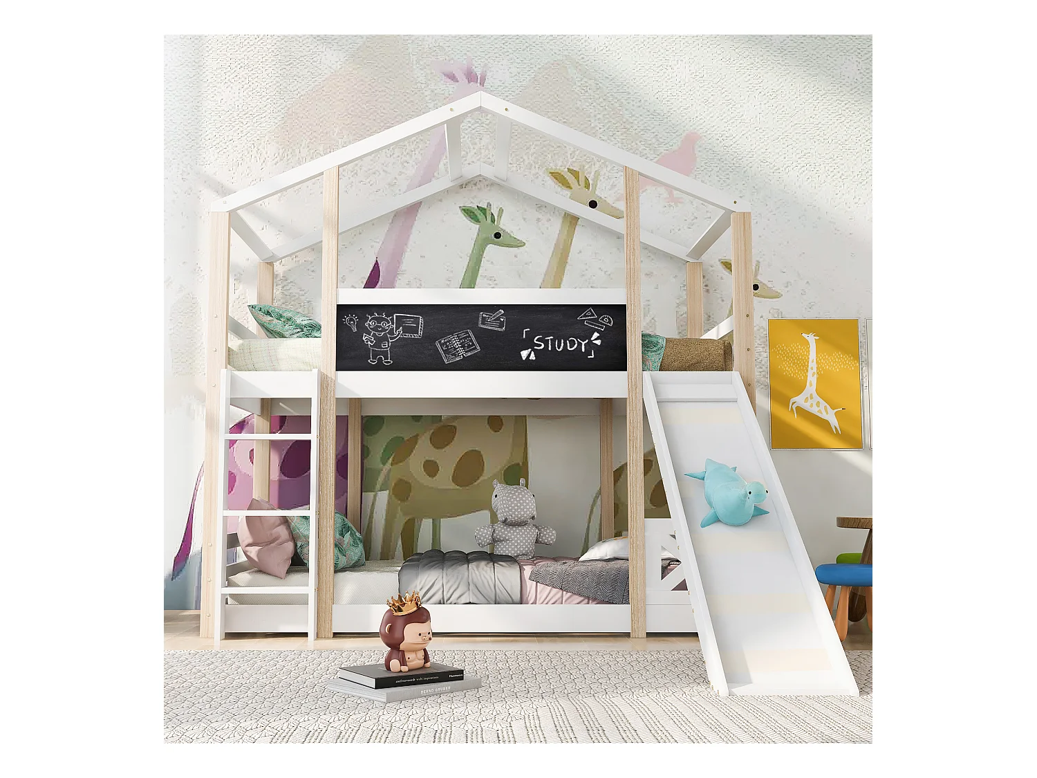 Letto a soppalco in stile country con scivolo e scaletta, in legno massello, bianco e naturale (90x200x205 cm)