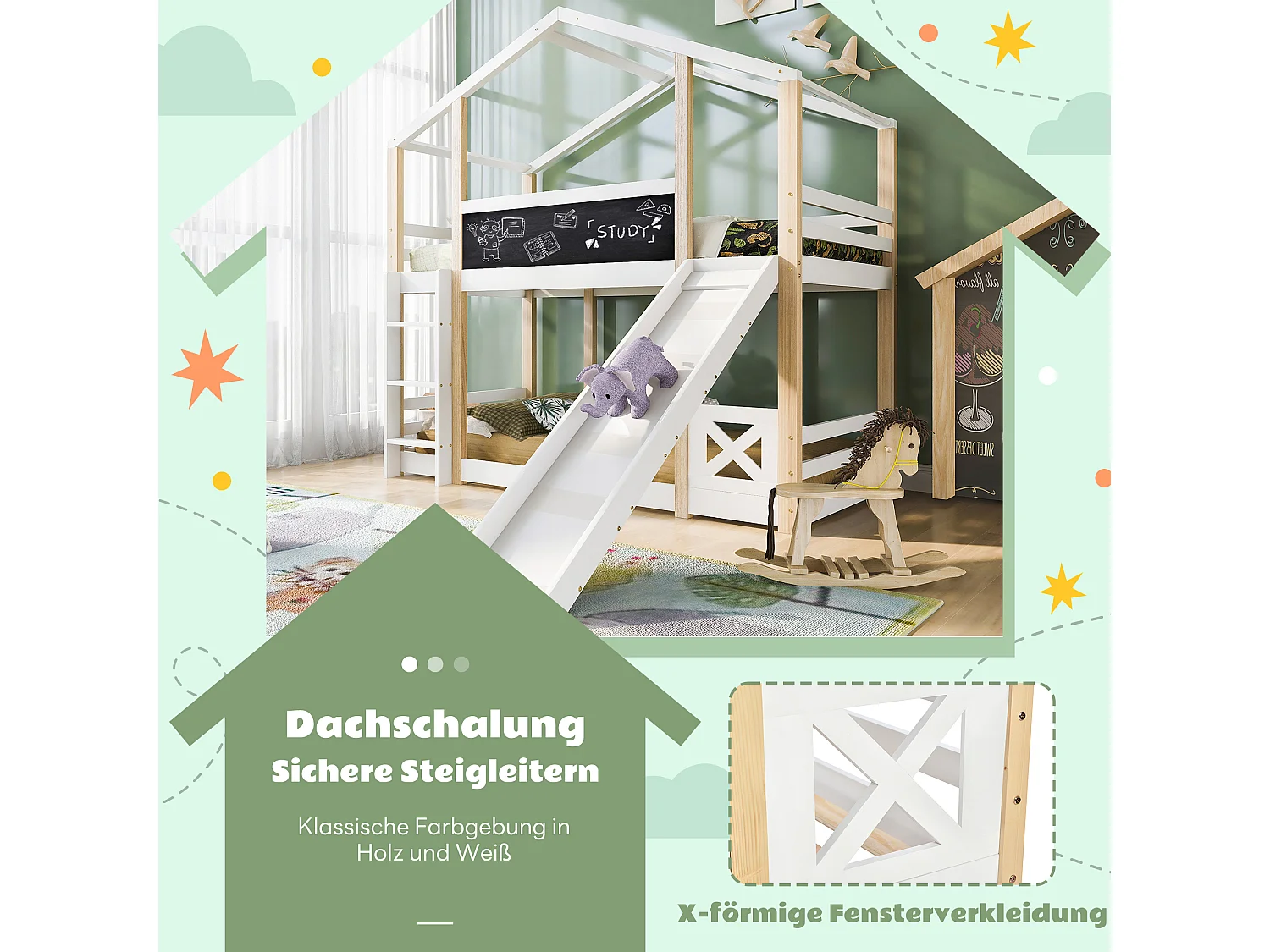 Lit mezzanine maison de campagne avec toboggan et échelle, bois massif, blanc et naturel (90x200x205 cm)