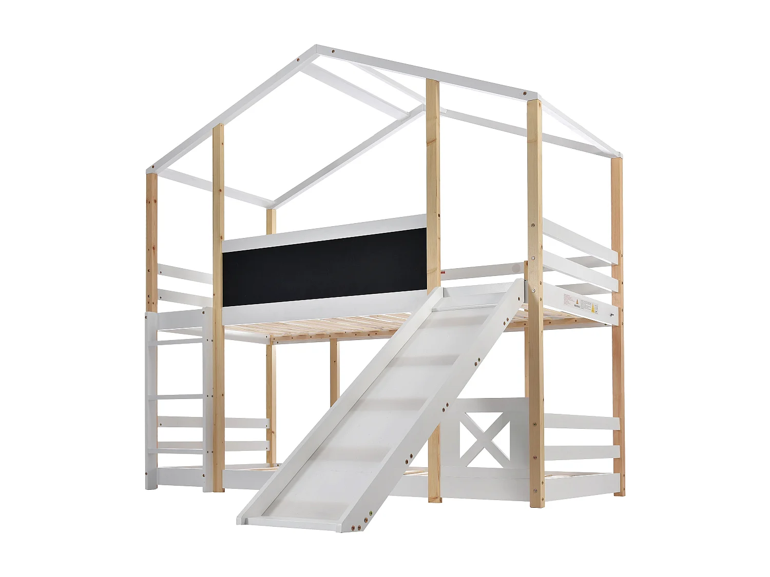 Lit mezzanine maison de campagne avec toboggan et échelle, bois massif, blanc et naturel (90x200x205 cm)