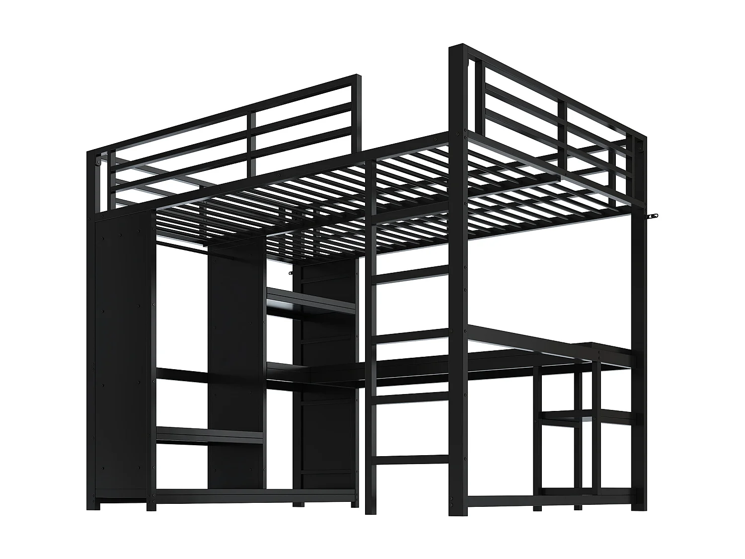 Cama alta gaming de metal con LED, escritorio, armario abierto y estanterías, color negro (140x200x180 cm)