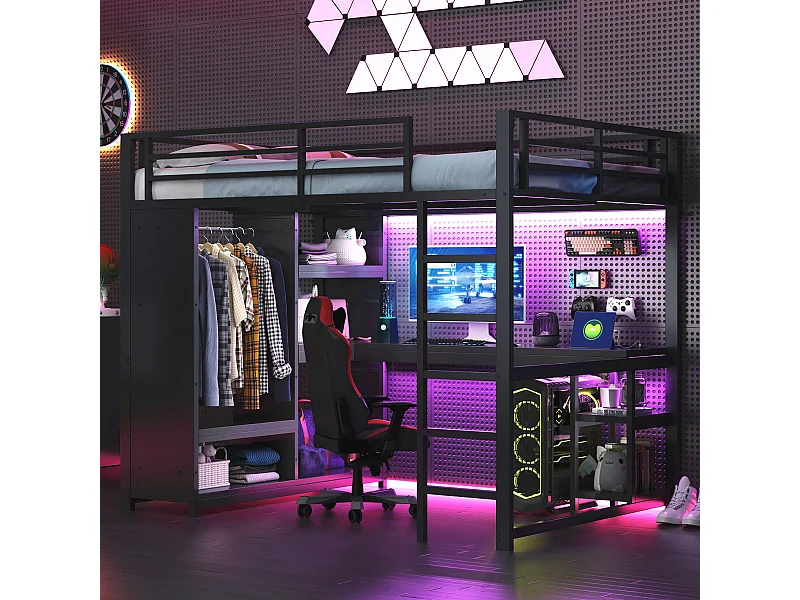 Cama alta gaming de metal con LED, escritorio, armario abierto y estanterías, color negro (140x200x180 cm)