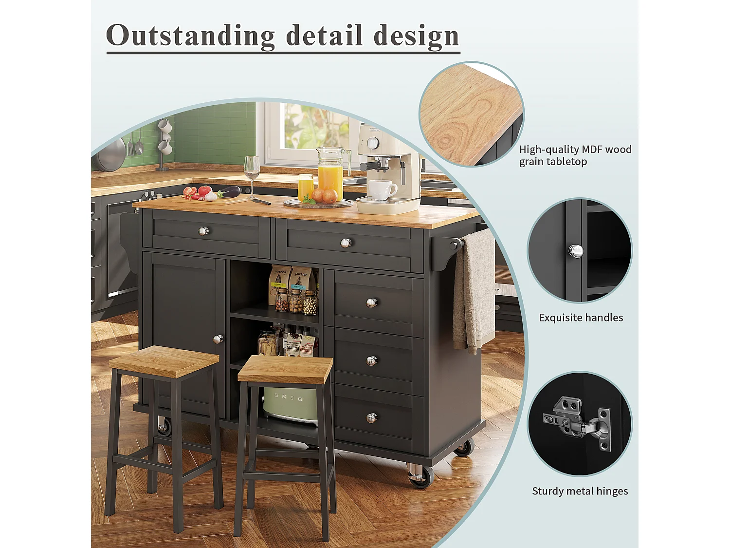 Chariot de cuisine mobile avec tiroirs, design dual fixe et mobile, MDF, noir (134x46x92cm)