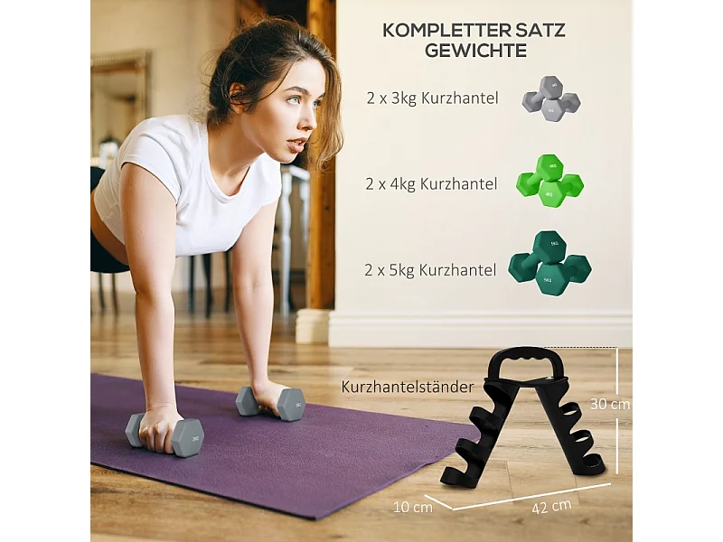 Set d'haltères hexagonales, 6 pièces avec support, métal, multicolore (42x10x30 cm)