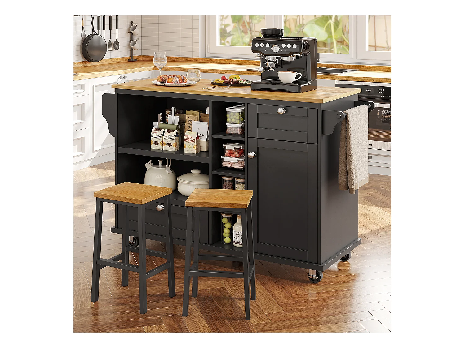 Chariot de cuisine mobile moderne, noir, avec tiroirs et placards, plateau en bois clair (129x46x92 cm)