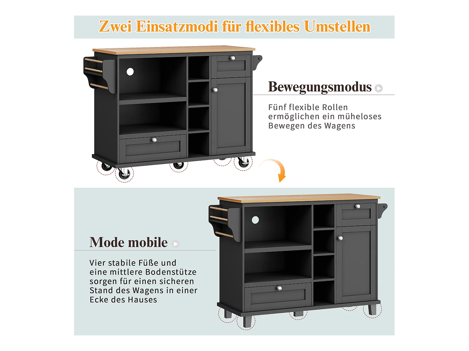 Chariot de cuisine mobile moderne, noir, avec tiroirs et placards, plateau en bois clair (129x46x92 cm)