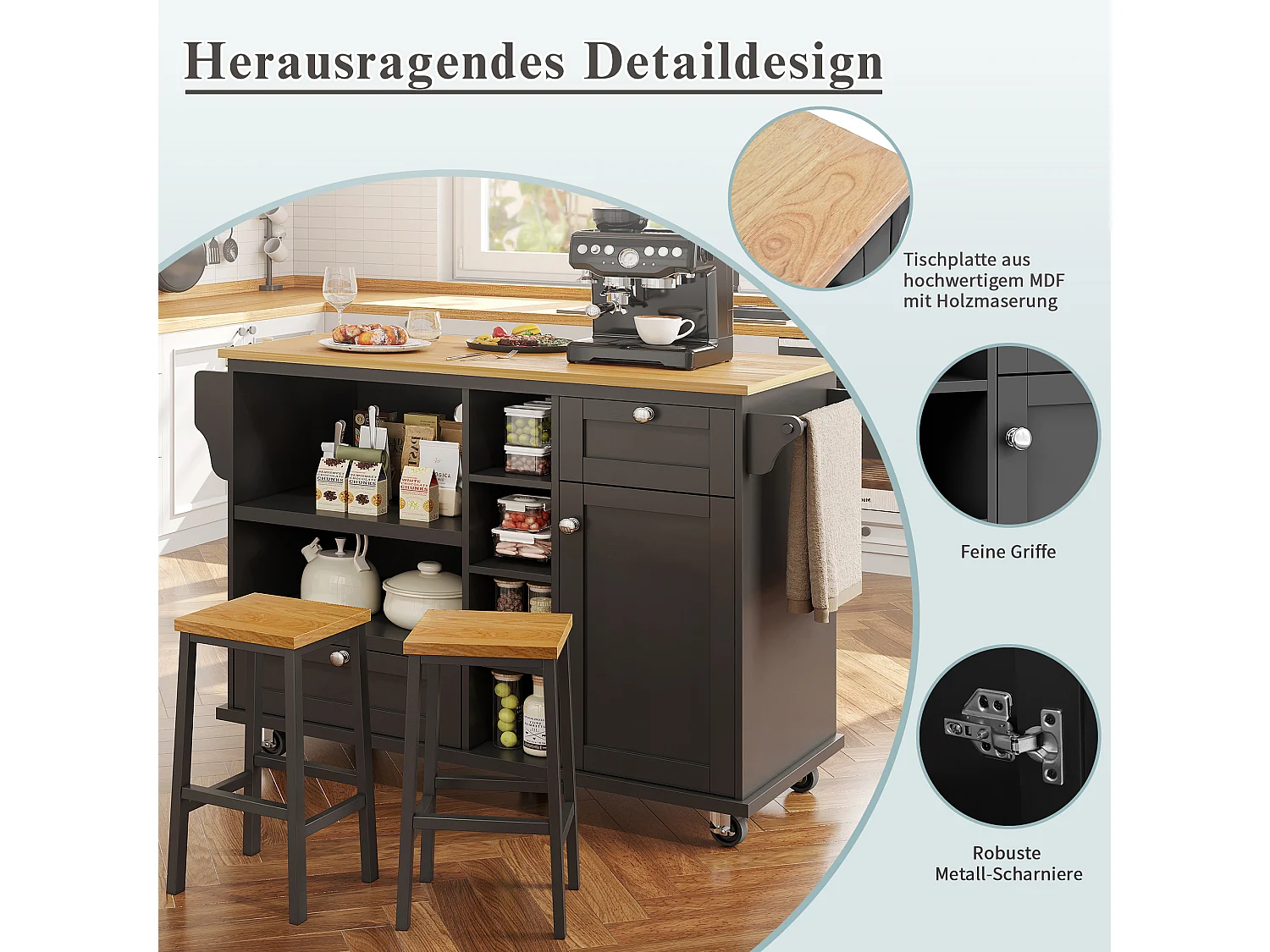 Chariot de cuisine mobile moderne, noir, avec tiroirs et placards, plateau en bois clair (129x46x92 cm)