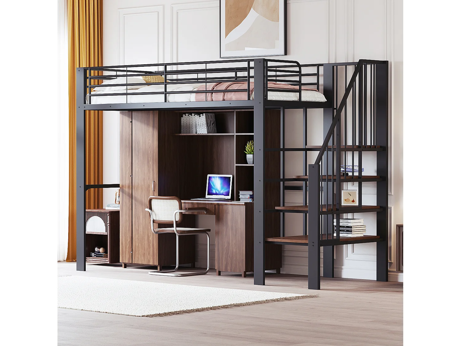 Lit mezzanine 90x200 cm, structure métallique robuste avec escalier et rangement intégré, noir (215.5x95x169 cm)