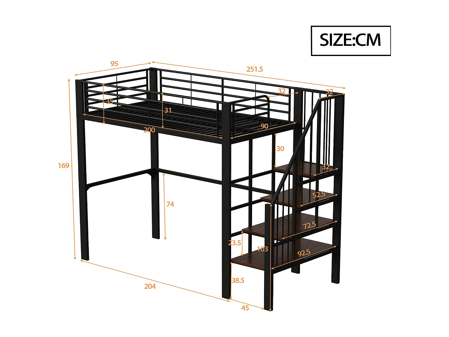 Lit mezzanine 90x200 cm, structure métallique robuste avec escalier et rangement intégré, noir (215.5x95x169 cm)