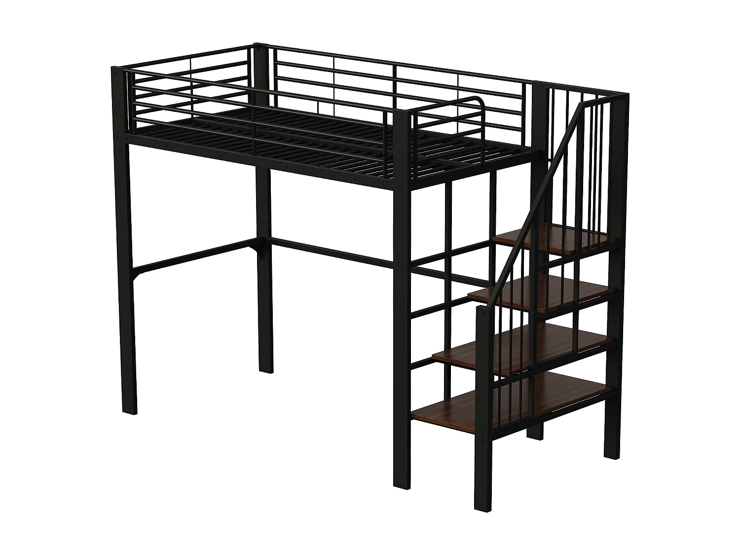 Lit mezzanine 90x200 cm, structure métallique robuste avec escalier et rangement intégré, noir (215.5x95x169 cm)